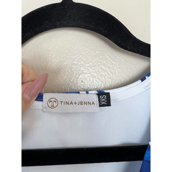 Tina + Jenna Leaf Print Dress XXS Ruffle Hem Sleeveless Blue White Vneck Mini - Picture 7 of 9